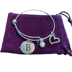 Silver B Pearl Heart Pendant Bangle Bracelet One Size